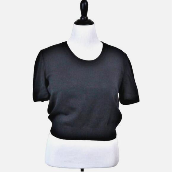 St John Basics Size M Cropped Knit Top Crew Neck Short Sleeve Black - Picture 2 of 10